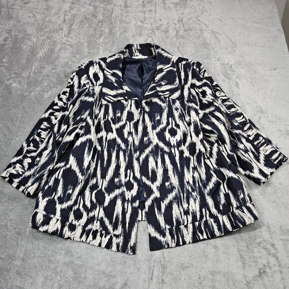 CJ Banks Blazer Womens 2X Blue White Ikat Open Front Ruffle Trim Preppy Jacket - Picture 1 of 9
